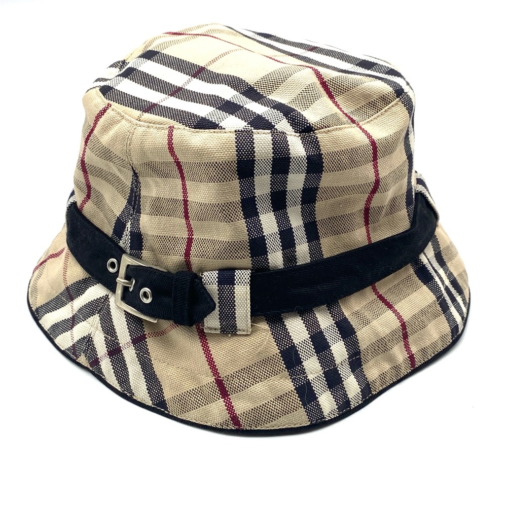 Burberry Beige and Black Buckle Canvas Plaid Bucket Hat Authentic Large
